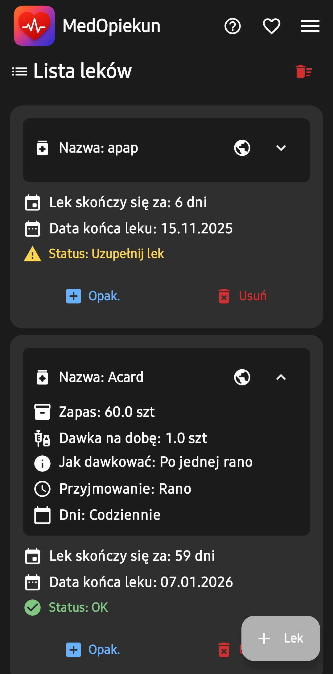 Ekran aplikacji MedOpiekun w ramce telefonu