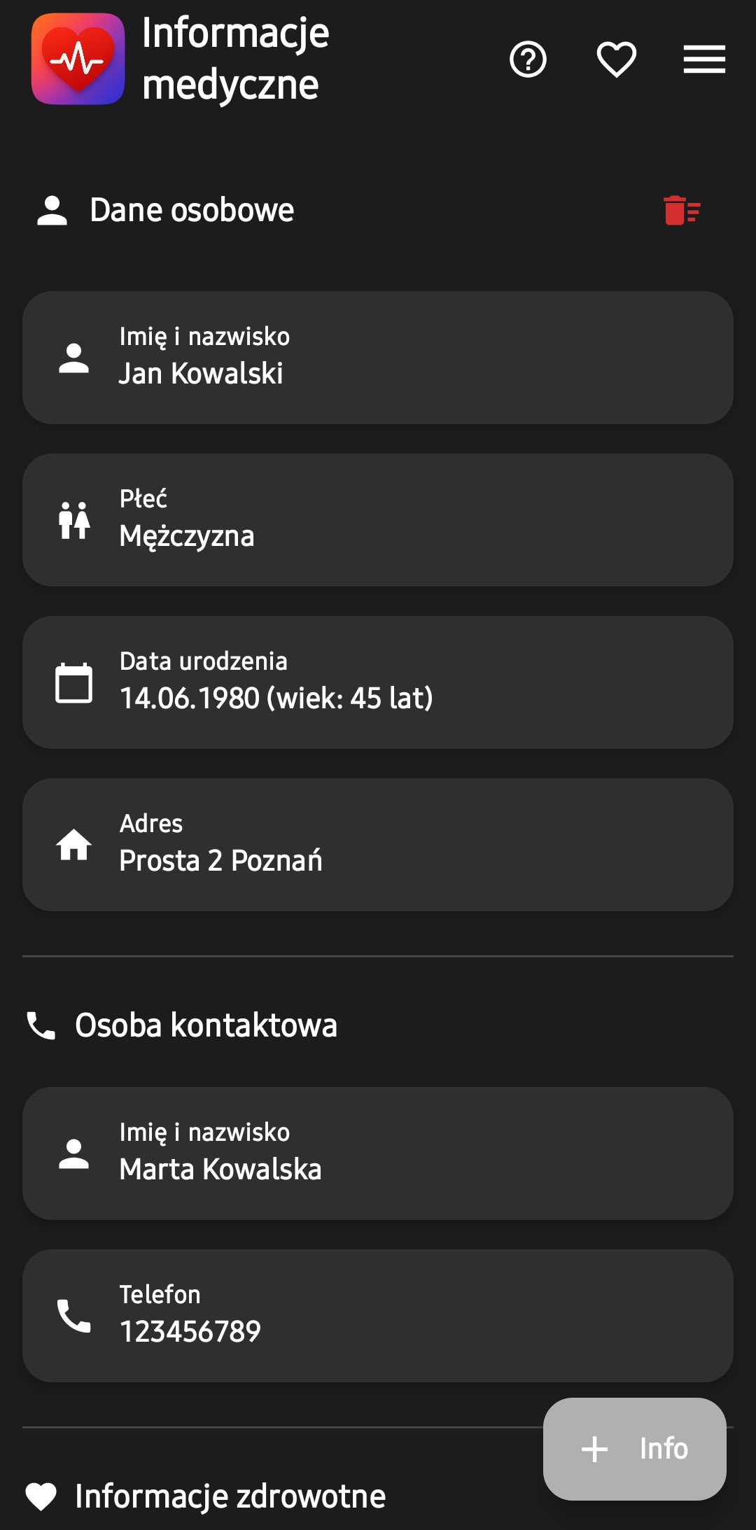 Zrzut ekranu - Informacje medyczne 1