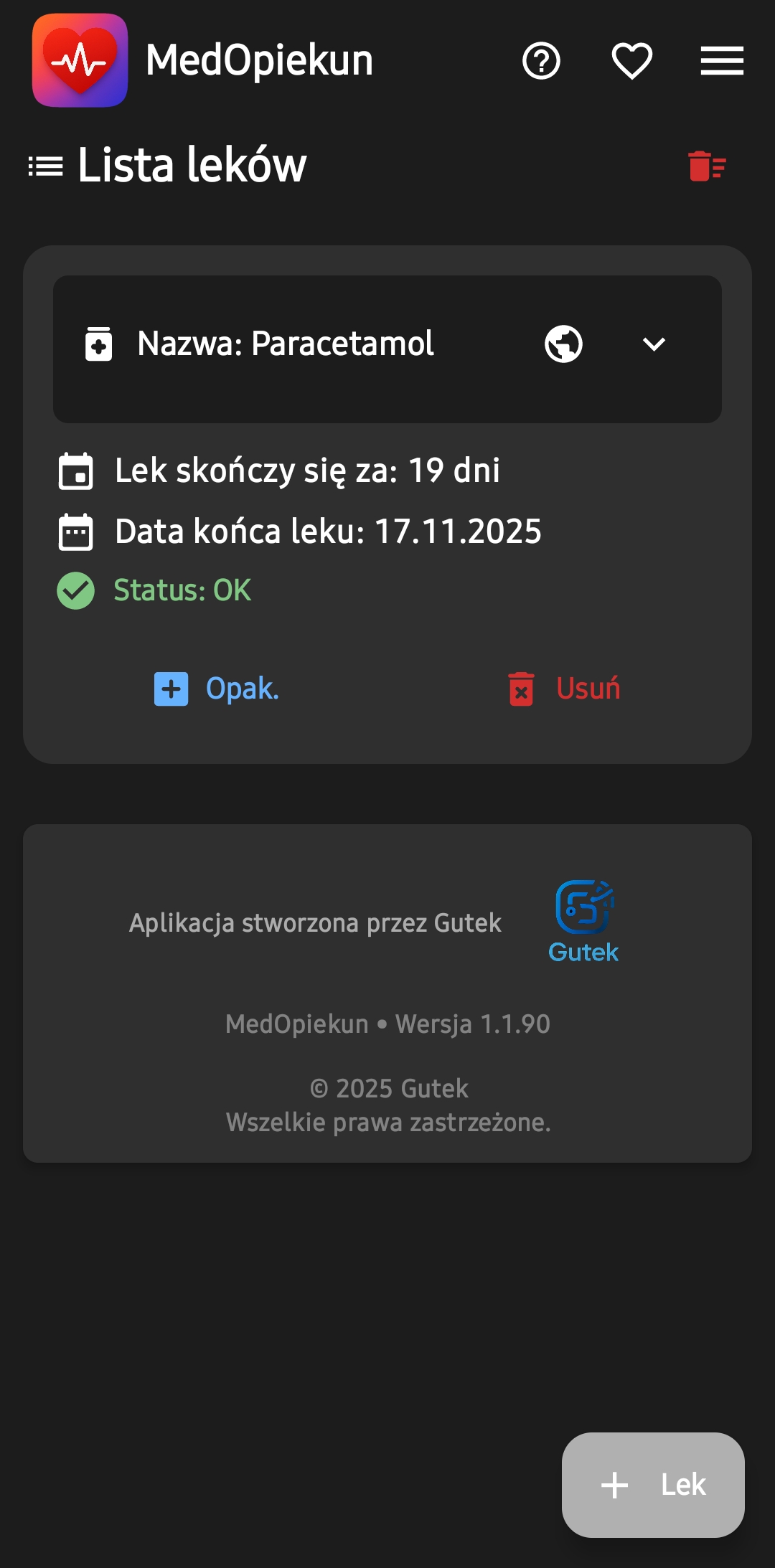 Zrzut ekranu - Lista leków