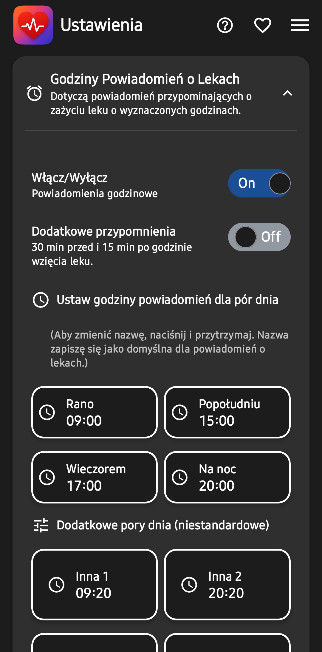 Ustawienia godzin powiadomień
